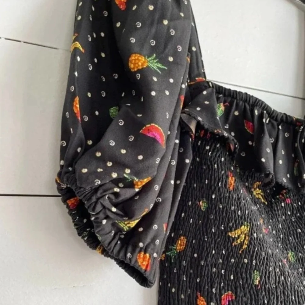 FARM Rio Tiny Fruits Smocked Black Puff Sleeve Mini Tropical Fruit Dress - Picture 8 of 11